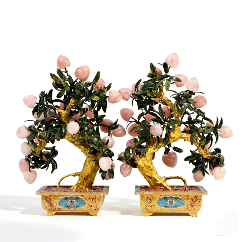 创汇   景泰蓝粉晶碧玉寿桃盆景一对 - 图2